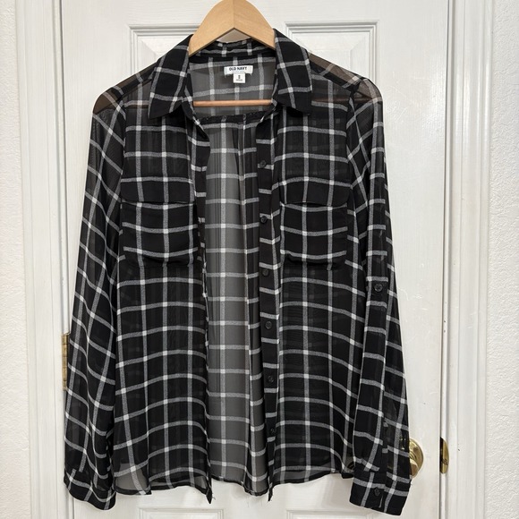 Old Navy Tops - Old Navy Sheer Windowpane Blouse Black White Grid Plaid 90s Office Siren Med